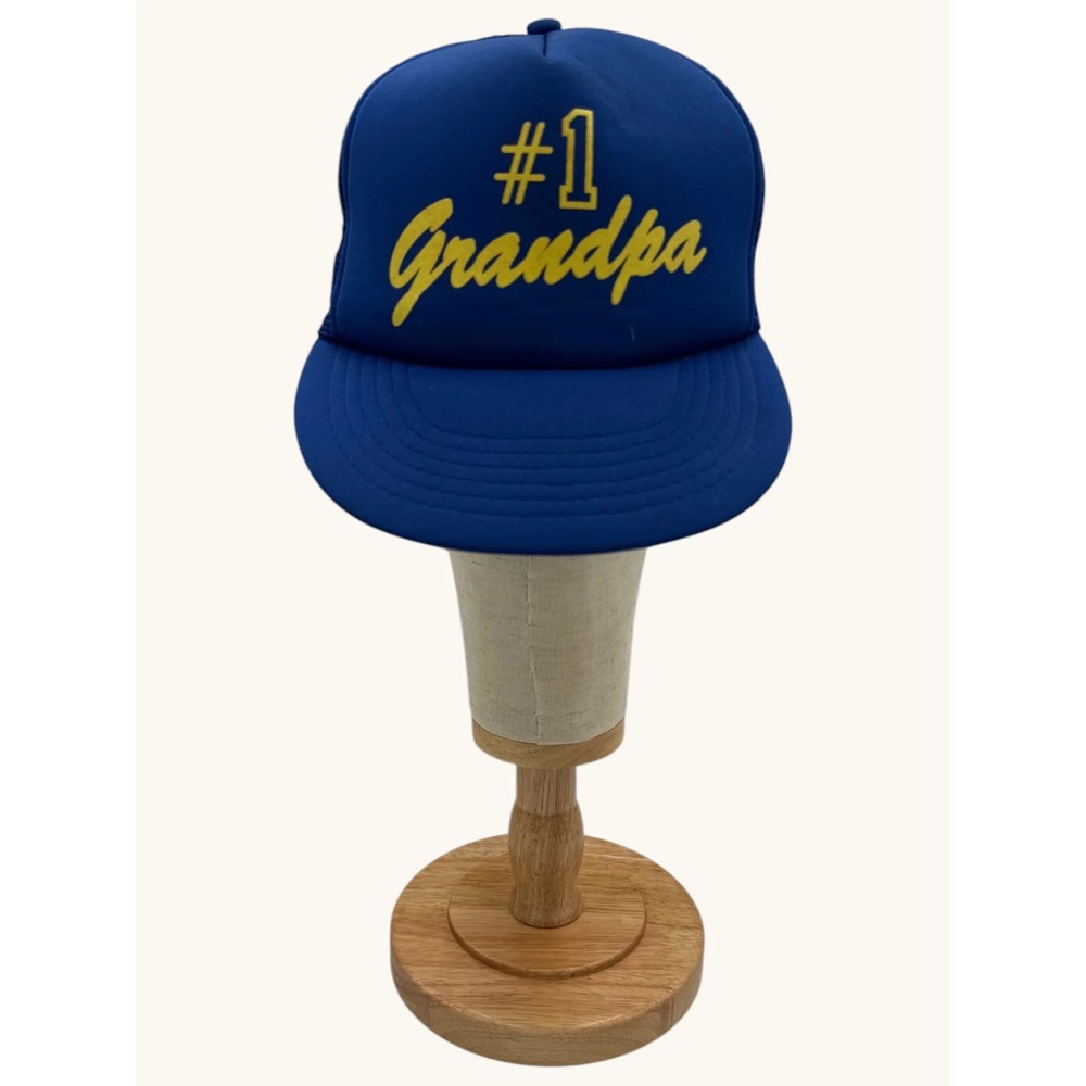 Vintage #1 Grandpa Trucker Hat Mens Blue Yellow Foam Mesh Snapback Cap OSFA